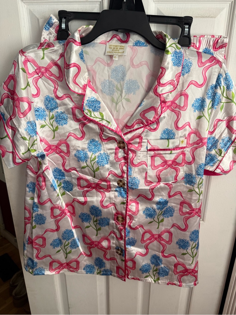 Pink Ribbon & Blue Floral Satin Pajama Top - women